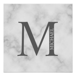 Pôster Monograma e Nome Personalizados do Marble Branco