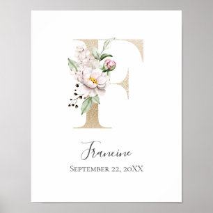 Poster Monograma F Rosa Branco Floral Letra Dourada Berçá