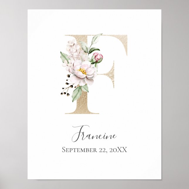 Poster Monograma F Rosa Branco Floral Letra Dourada Berçá (Frente)