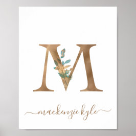 Poster Monograma Floral Aquarela Dourado Letra M