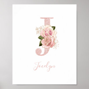 Poster Monograma Floral Brilhante Rosa Dourado Feminino J