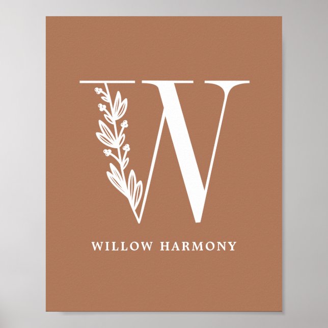 Poster Monograma Floral de Cor Personalizada - Letra W No (Frente)