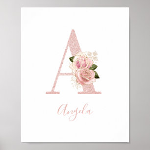 Poster Monograma Floral Girly em Rosa Dourado Pálido A