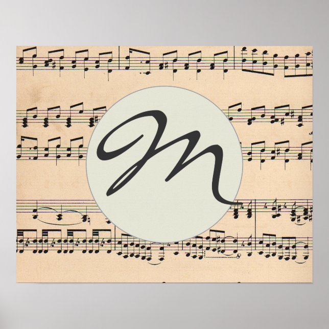 Poster Monograma Folha Música Pontuação Preta e Branco Pa (Frente)