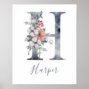 Poster Monograma H de Floral Azul em Aquarela Nome