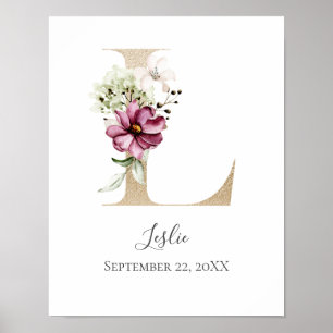 Poster Monograma L Rosa Floral Branco Letra Dourada Berçá