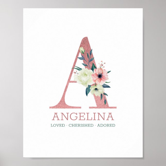 Poster Monograma - Letra A Pink Watercolor Floral Nursery (Frente)