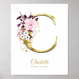 Poster Monograma - Letra C Gold Foil & Pink Floral Nurser