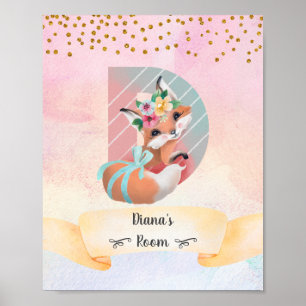 Poster Monograma - Letra D Bebê Fox Girl Pink Nursery Dec
