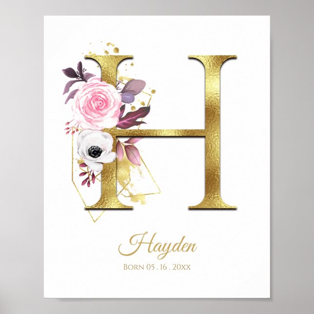 Poster Monograma - Letra H Gold Foil & Pink Floral Nurser (Frente)