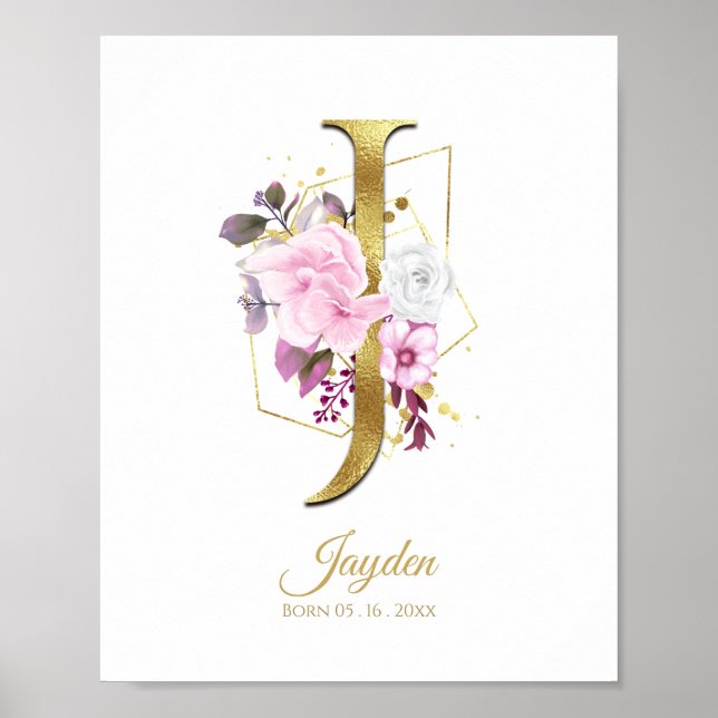 Poster Monograma - Letra J Gold Foil & Pink Floral Nurser (Frente)