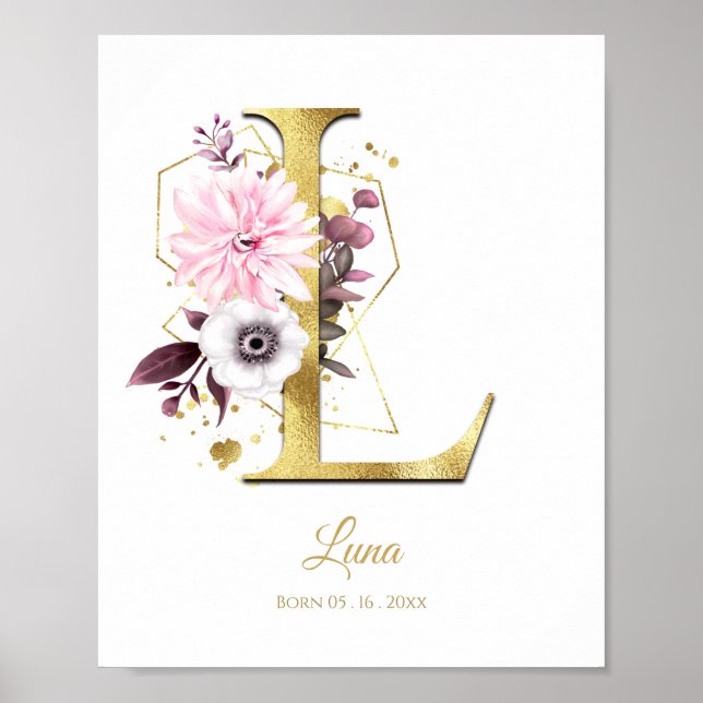 Poster Monograma - Letra L Gold Foil & Pink Floral Nurser (Frente)