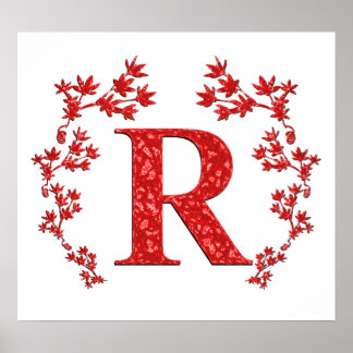 Poster Monograma - Letra R, Folhas Vermelhas