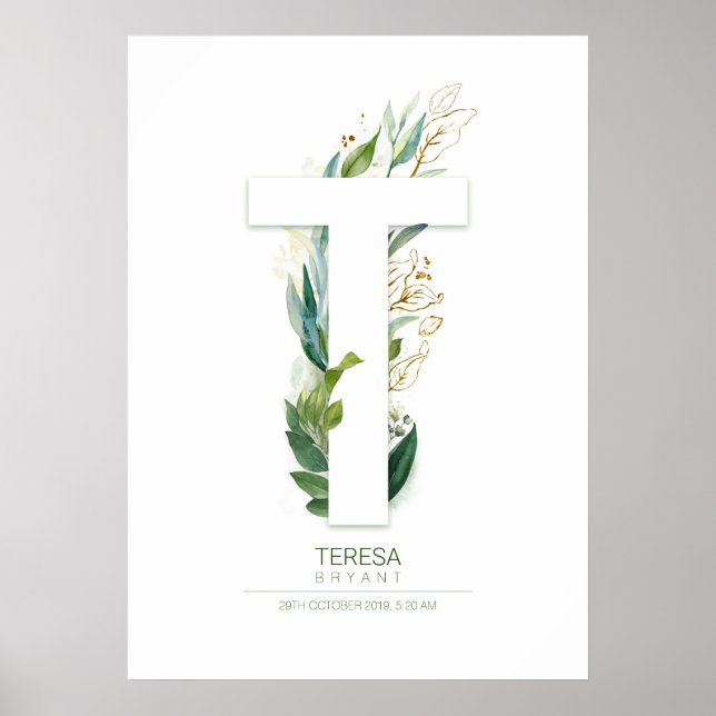 Poster Monograma Letra T Dourado Folhagem Chic Greenery (Frente)