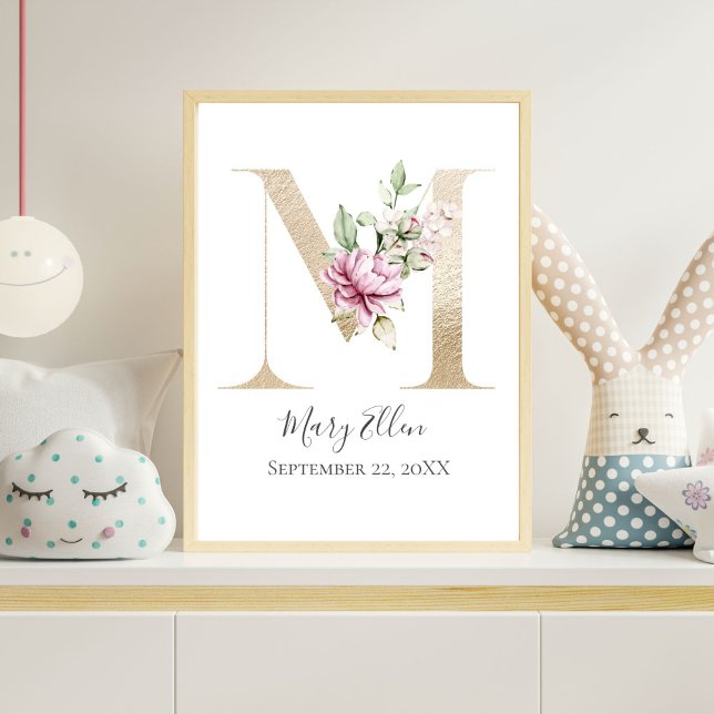 Poster Monograma M Cor-de-rosa - Letra Dourada Floral  Nu (Gold Monogram M Letter M with Pink Flowers Wall Art for Nursery or Bedroom)
