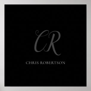 Poster Monograma Nome Cinza Negra Presente Personalizado
