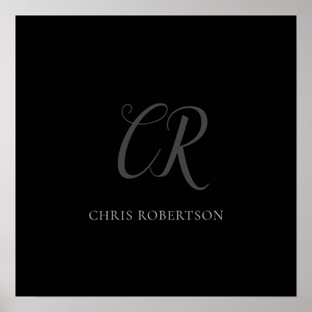 Poster Monograma Nome Cinza Negra Presente Personalizado (Frente)