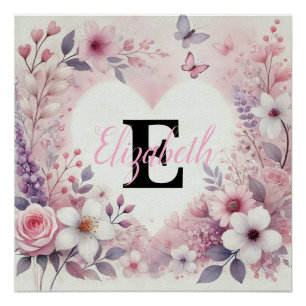 Pôster Monograma nome floral corações romântico aquarela