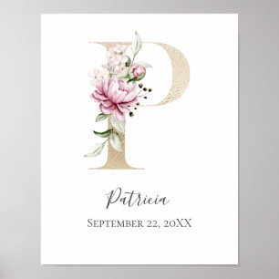 Poster Monograma P Rosa Branco Floral Letra Dourada Berçá