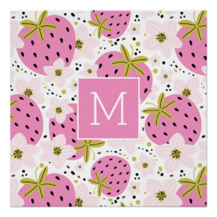 Pôster Monograma Personalizado de Morangos Rosa