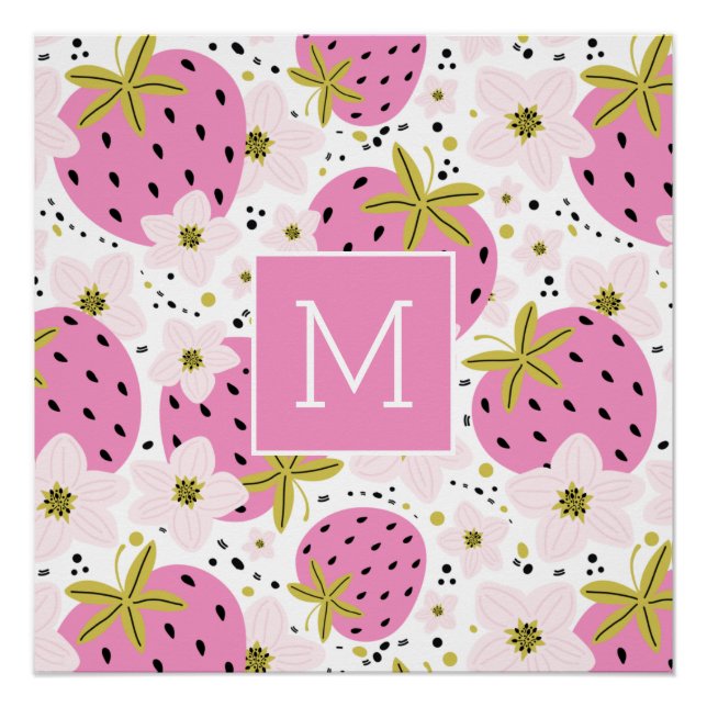 Pôster Monograma Personalizado de Morangos Rosa (Frente)