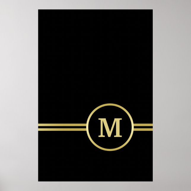 Poster Monograma personalizado de ouro elegante a preto (Frente)