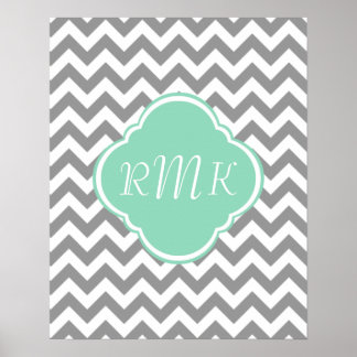 Pôster Monograma Personalizado do Zigzag cinza e Branco