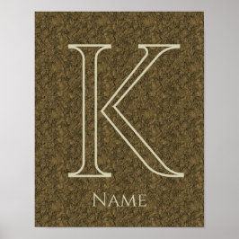 Poster Monograma Personalizado Inicial Nome Marrom Folha