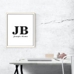 Poster Monograma Personalizado Moderno Nome Inicial Preto<br><div class="desc">Poster de monograma elegante preto e branco clássico para sua decoração de casa e escritório.</div>