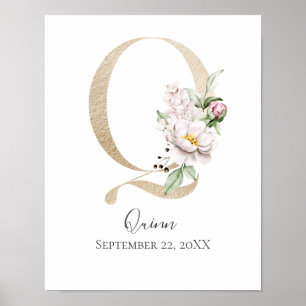 Poster Monograma Q Rosa Floral Branco Letra Dourada Berçá