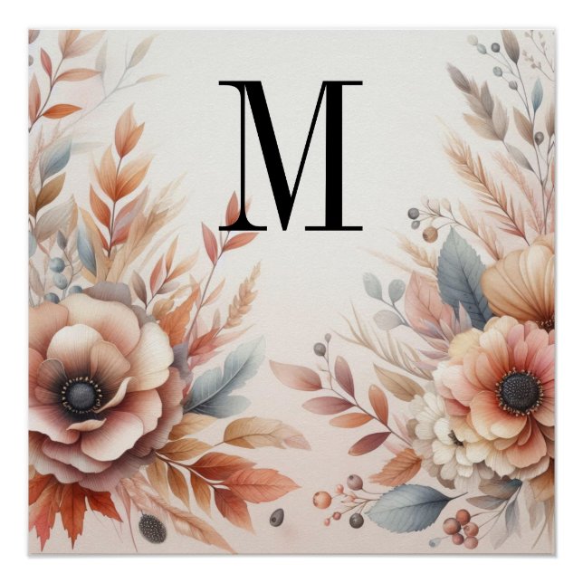 Pôster Monograma Queda Folhas e flores aquarela (Frente)