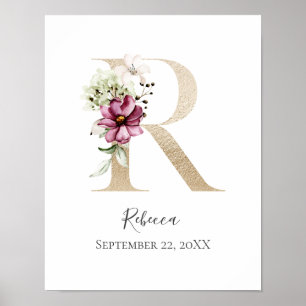Poster Monograma R Rosa Floral Branco Letra Dourada Berçá