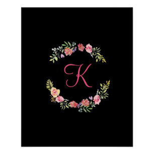 Pôster Monograma Rosa, Amarelo e Verde Floral Aquarela