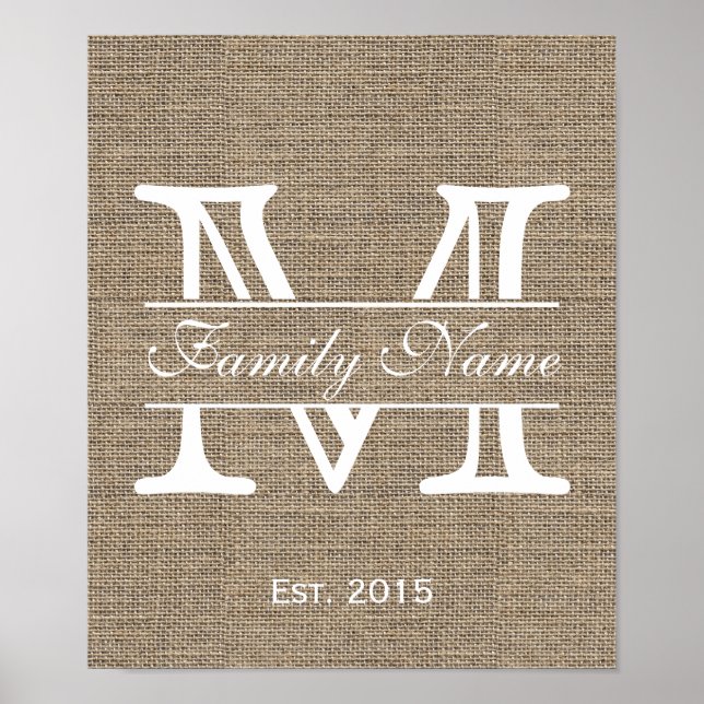 Pôster Monograma Rustic Burlap Family Name (Frente)
