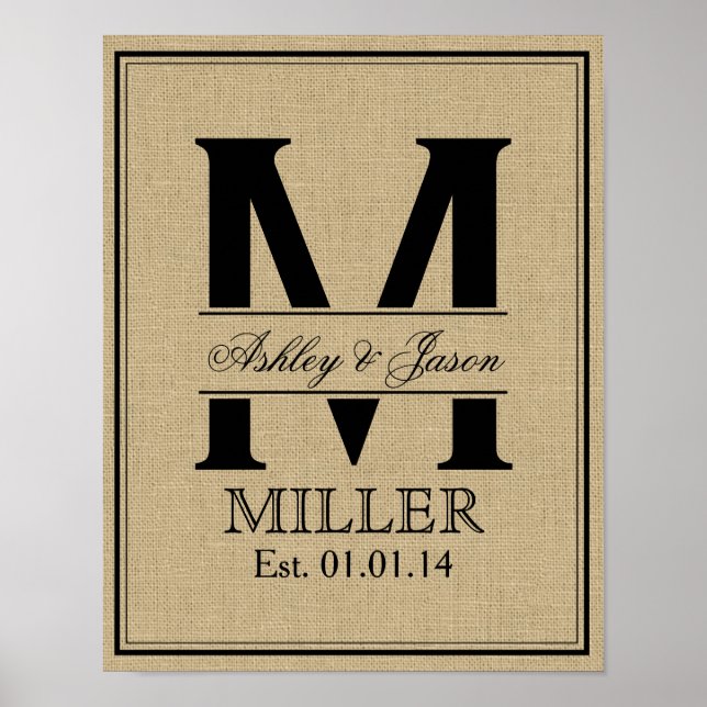 Poster Monograma Rustic Faux Burlap Wedding (Frente)