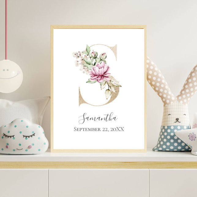 Poster Monograma S Cor-de-rosa Branco Floral Dourado Nurs (Gold Monogram Letter S, Pink Watercolor Florals Nursery wall Art)