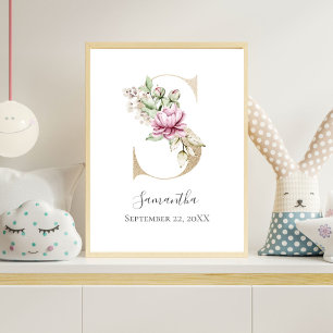 Poster Monograma S Rosa Floral Branco Letra Dourada Berçá