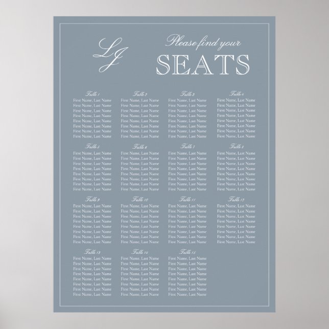 Poster Monograma Script Dusty Blue Modern Wedn Seat (Frente)