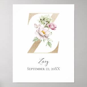 Poster Monograma Z Rosa Floral Branco Letra Dourada Berçá