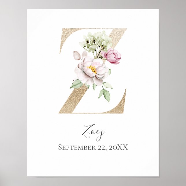 Poster Monograma Z Rosa Floral Branco Letra Dourada Berçá (Frente)