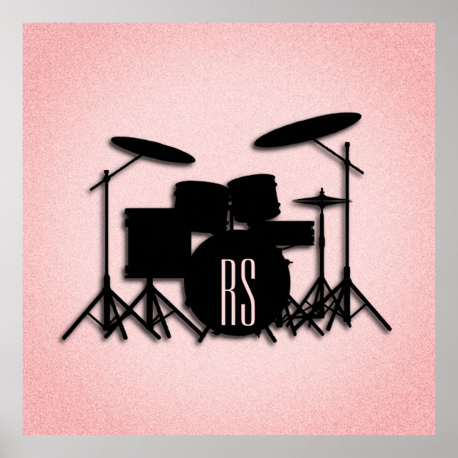 Poster Monogramo Drum Set Music Design Rosa (Frente)