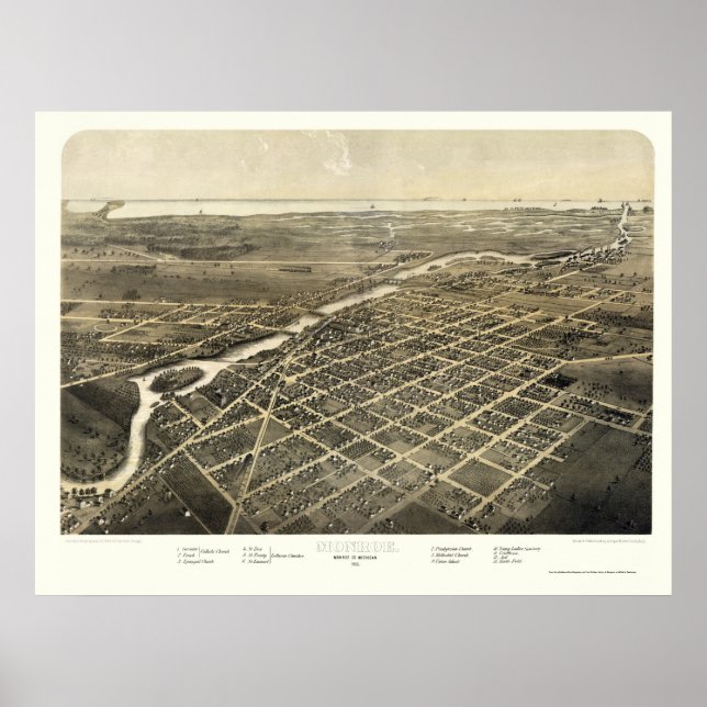 Poster Monroe, MI Mapa Panorâmico - 1866 (Frente)