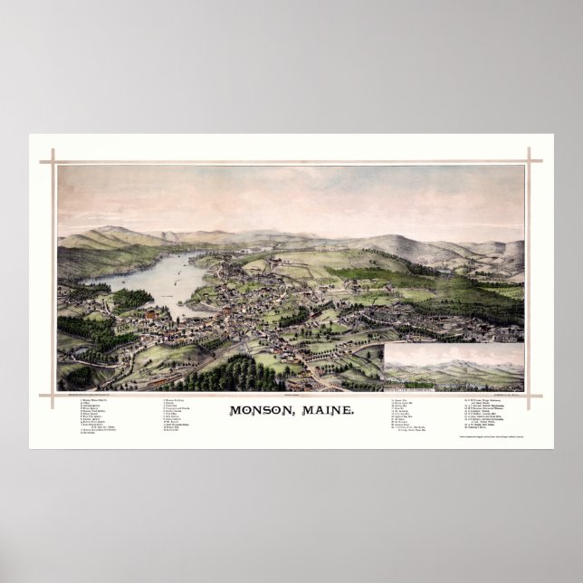 Poster Monson, Map Panorâmico ME - 1889 (Frente)