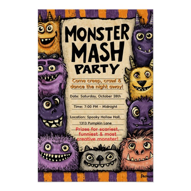 Pôster "Monster Mash Party" com monstros bonitos (Frente)