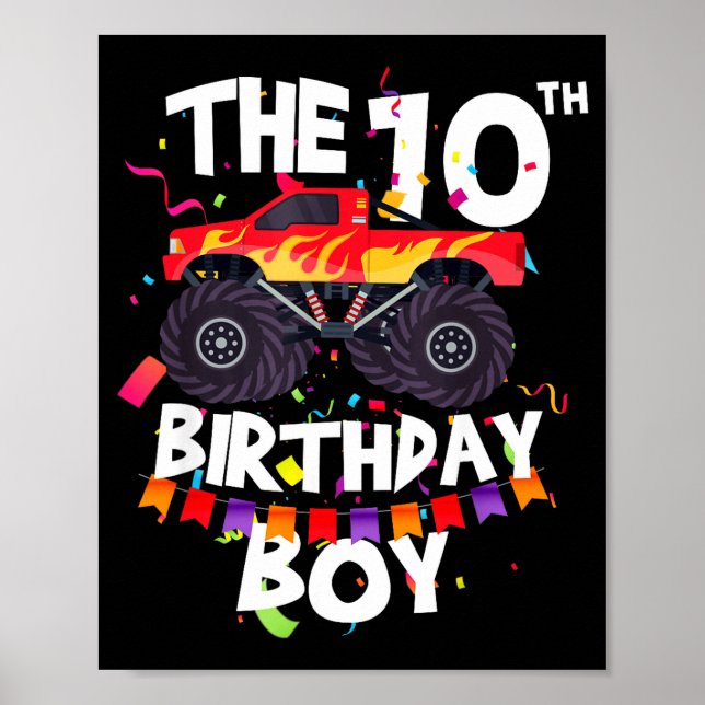 Poster Monster Truck 10th Birthday Boy Funny 10 Years Old (Frente)
