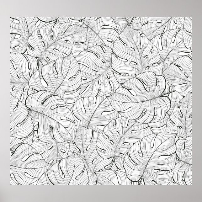 Poster Monstera deixa padrão branco preto (Frente)