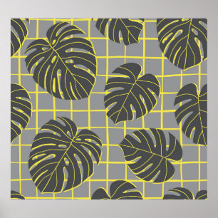 Poster Monstera Leaves: Cinza Moderna de Abstrato Amarela