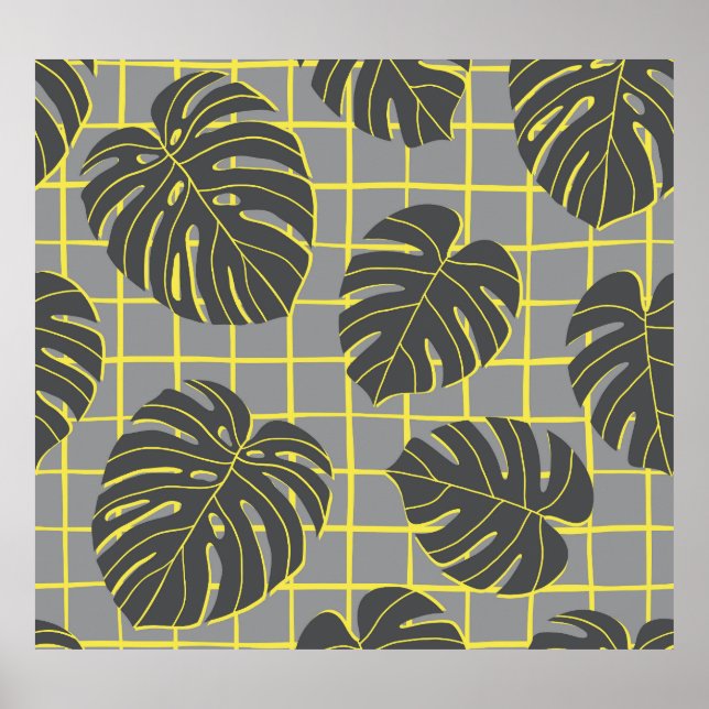 Poster Monstera Leaves: Cinza Moderna de Abstrato Amarela (Frente)