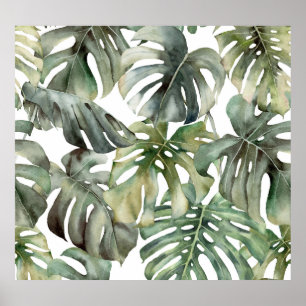 Poster Monstera Tropical Grande Padrão de Aquarela
