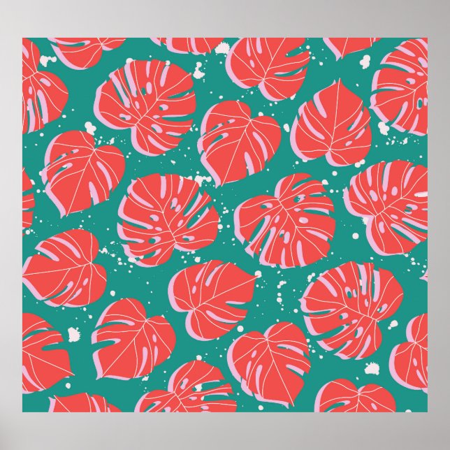 Poster Monstera vermelha: padrão tropical verde (Frente)